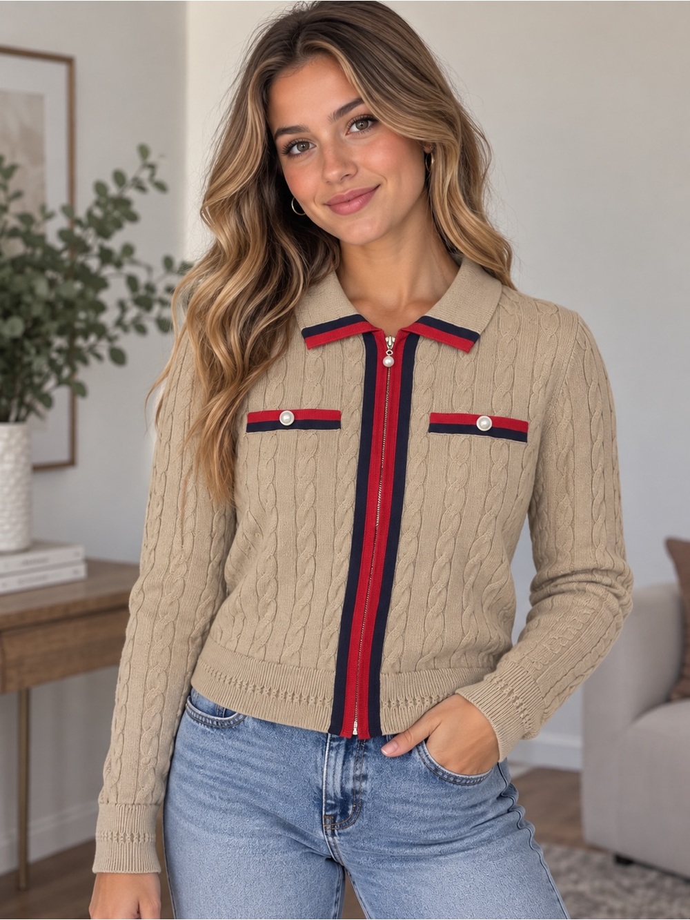 Talbots Cable Knit Cardigan with Contrast Trim and Pearl Buttons Petite L